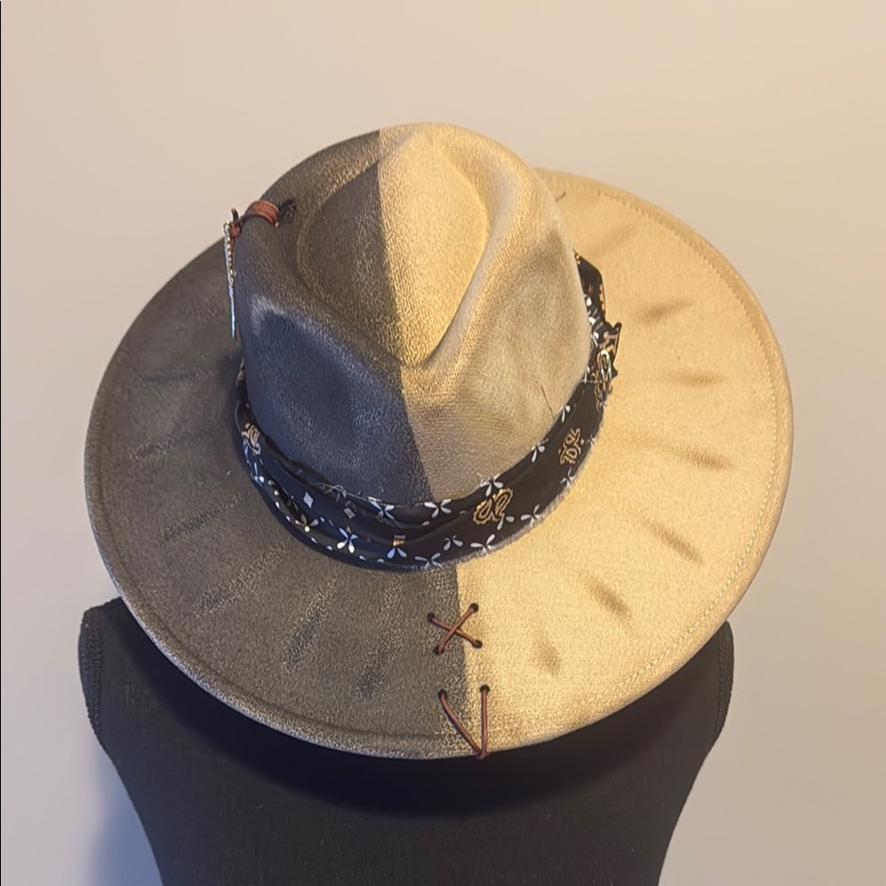 Stylish Tan Wide-Brim Hat with Black Band